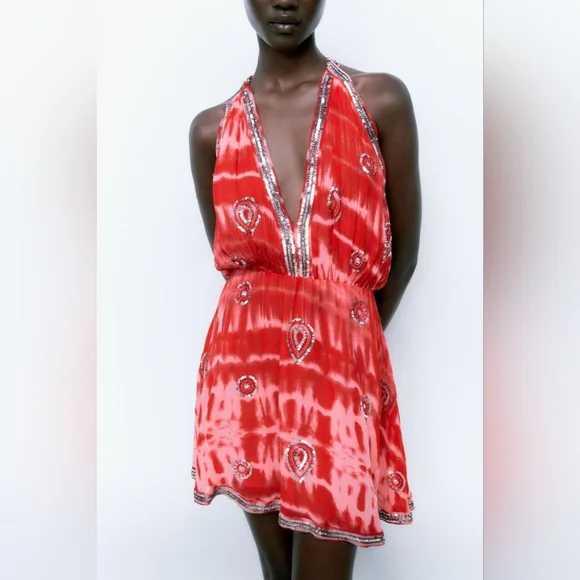 Red Tie-Dye Plunge Dress - Picture 3 of 8